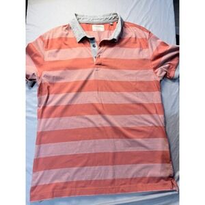 Linksoul Mens Striped Polo Shirt Large Coral Pink Grey Collar Golf Short Sleeve